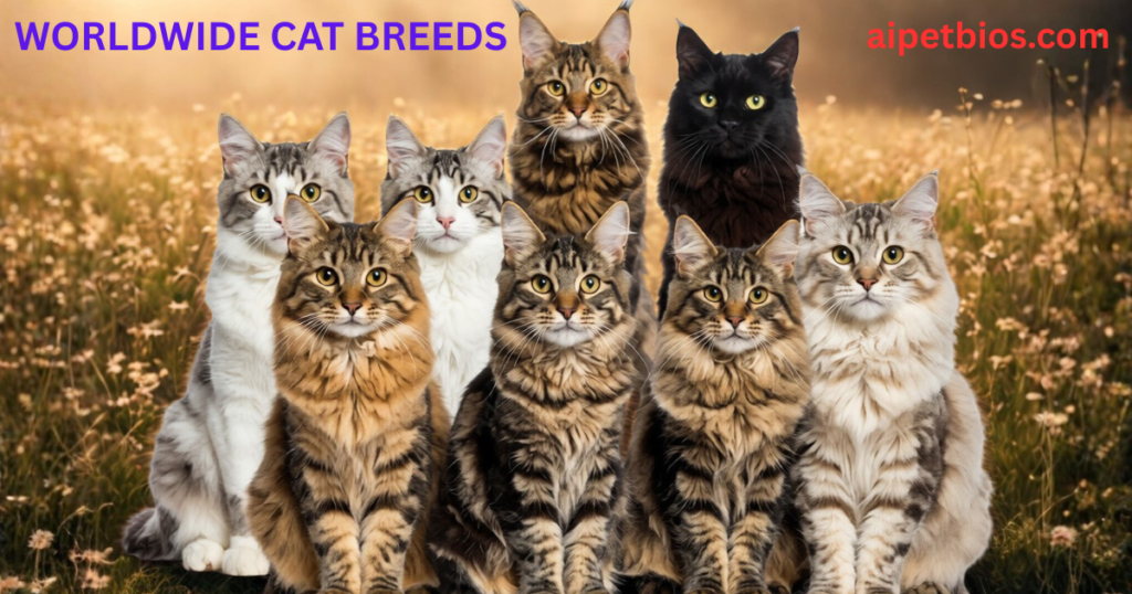 AI-generated image of eight long-haired cats, primarily Maine Coon types with tufted ears, sitting together in a field of tall grass. The cats feature various coat colors including brown tabby, silver tabby, and solid black. Purple text in the top left corner reads "WORLDWIDE CAT BREEDS" and red text in the top right reads "aipetbios.com."