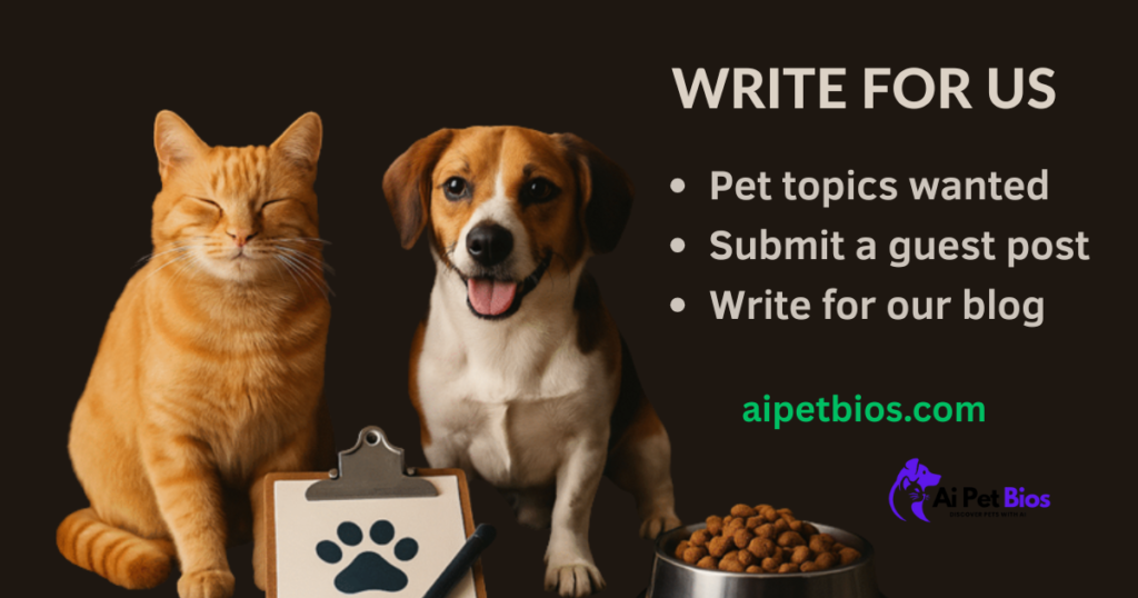 An image showing a ginger cat and a beagle dog side-by-side against a dark brown background. To the right, the text "WRITE FOR US" is displayed in large white capital letters, followed by a bulleted list: "Pet topics wanted," "Submit a guest post," and "Write for our blog." Below this, the website address "aipetbios.com" is written in green. In the bottom right corner, there is a logo for "Ai Pet Bios" featuring a purple silhouette of a dog and a cat. In the foreground, there is a small clipboard with a paw print icon and a bowl filled with brown pet kibble.