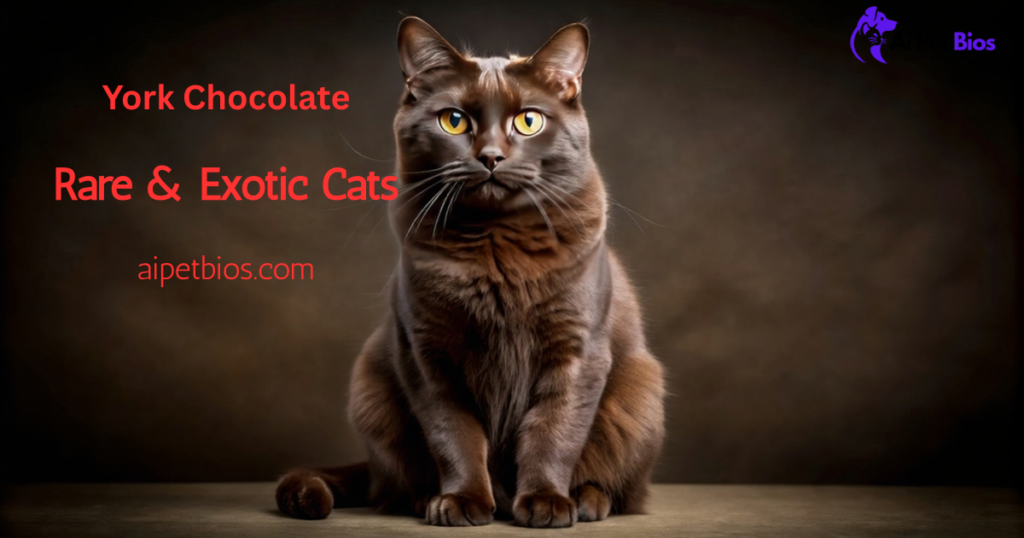 A solid, chocolate-brown York Chocolate cat with bright yellow eyes sits against a dark, moody background. Red text to the left of the cat reads "York Chocolate," "Rare & Exotic Cats," and "aipetbios.com."