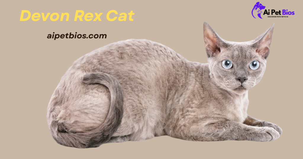 A Devon Rex cat with a curly, grey-lavender coat and large blue eyes lies against a tan background. Text reads: "Devon Rex Cat" and "aipetbios.com" with a logo for "Ai Pet Bios."