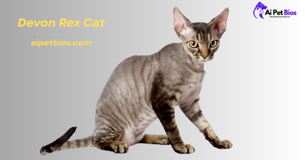 An adult tabby Devon Rex cat with large ears and yellow-green eyes sits on a grey gradient background. The image includes the "Ai Pet Bios" logo in the top right and yellow text on the left reading "Devon Rex Cat" and "aipetbios.com".