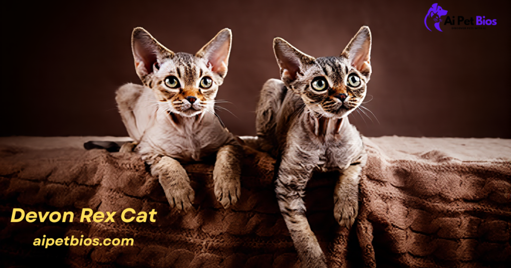 Two Devon Rex kittens with large, round eyes and oversized ears rest on a textured brown blanket. The "Ai Pet Bios" logo is in the top right, while yellow text in the bottom left reads "Devon Rex Cat" and "aipetbios.com".