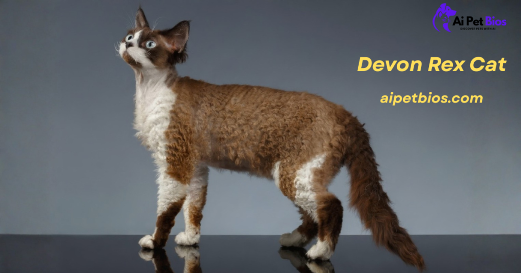 A Devon Rex cat with a curly brown and white coat and blue eyes stands on a reflective surface, looking upward against a grey background. The "Ai Pet Bios" logo is in the top right, and yellow text on the right reads "Devon Rex Cat" and "aipetbios.com".