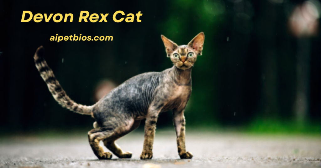 A slender, tabby-patterned Devon Rex cat with large ears stands on a path against a dark, blurred forest background. Yellow text in the top left corner reads "Devon Rex Cat" and "aipetbios.com".