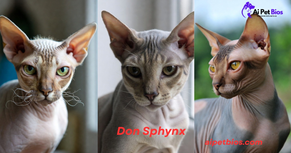 Three close-up portraits of Don Sphynx cats showcasing their wrinkled skin and large ears. The center image features red text "Don Sphynx" and the right image includes "aipetbios.com" with a purple "Ai Pet Bios" logo in the top corner.