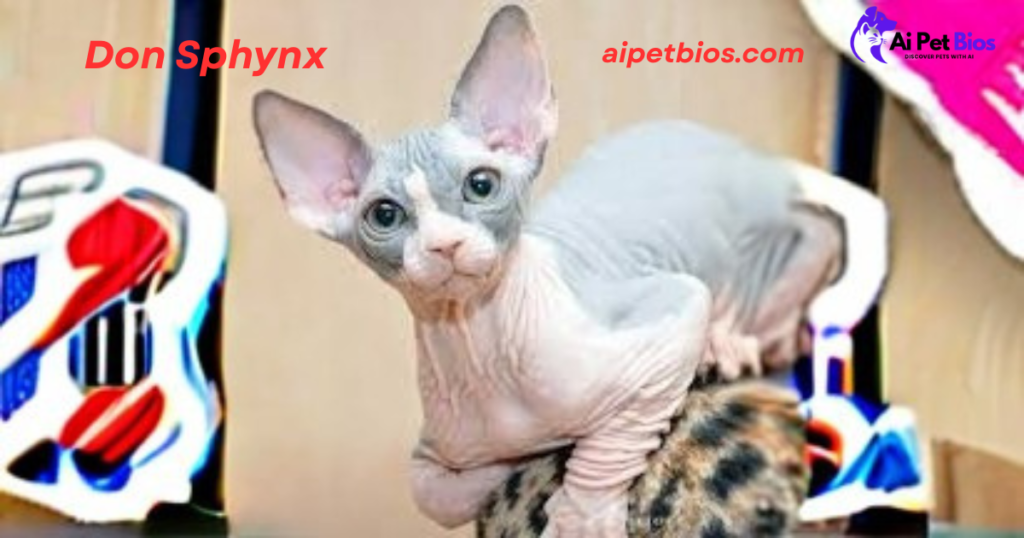 Three close-up portraits of Don Sphynx cats showcasing their wrinkled skin and large ears. The center image features red text "Don Sphynx" and the right image includes "aipetbios.com" with a purple "Ai Pet Bios" logo in the top corner.