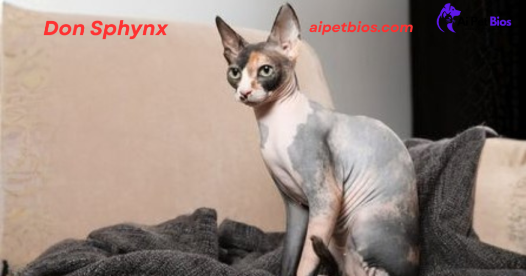 A calico Don Sphynx cat with grey, peach, and white skin patches sits on a tan couch near a grey blanket. Red text reads "Don Sphynx" and "aipetbios.com" with a purple logo in the corner.