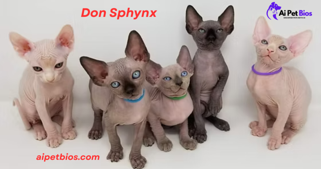 Five Don Sphynx kittens with wrinkled skin in various colors—including cream, grey, and black—sit against a white background. Three kittens wear colorful collars in blue, green, and purple, while red text displays "Don Sphynx" and "aipetbios.com" alongside a purple "Ai Pet Bios" logo.