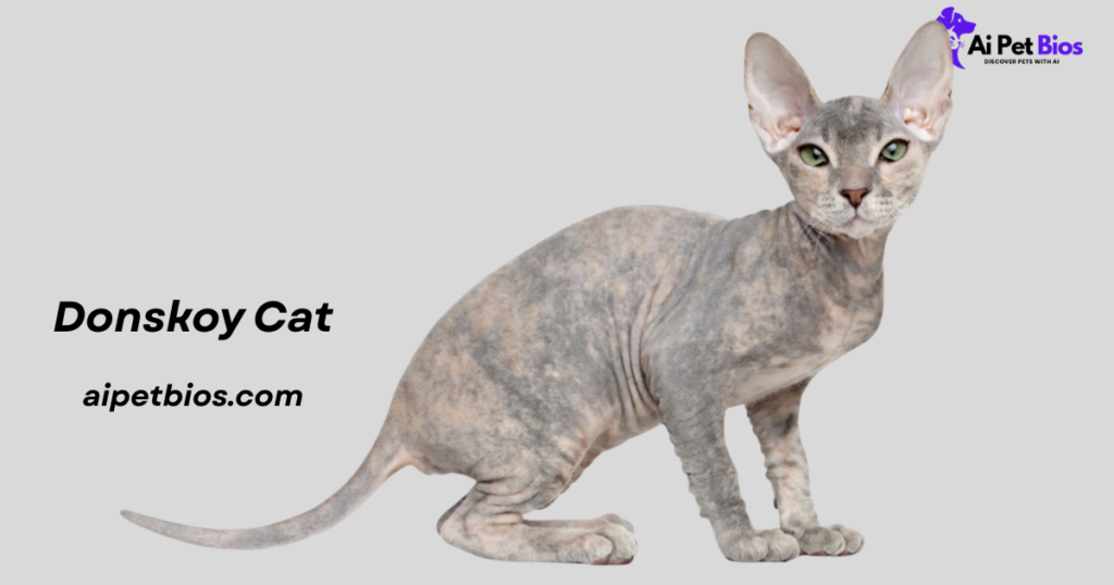 A grey spotted Donskoy cat with large ears and green eyes crouches against a plain background. Text: "Donskoy Cat" and "aipetbios.com".