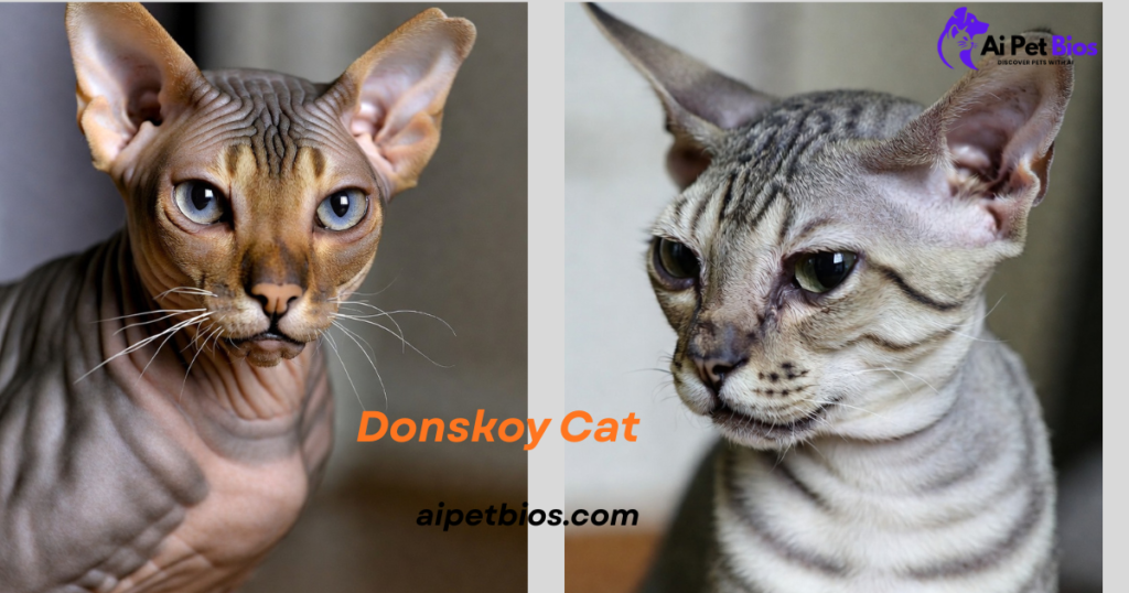 Side-by-side close-ups of two Donskoy cats: one hairless with wrinkled skin and blue eyes, the other with a thin grey tabby coat. Text: "Donskoy Cat" and "aipetbios.com".
