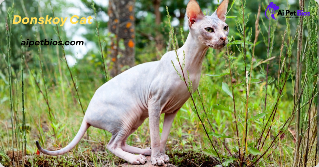 A hairless Donskoy cat stands in a grassy forest setting, showing its muscular build and wrinkled skin. Text: "Donskoy Cat" and "aipetbios.com".