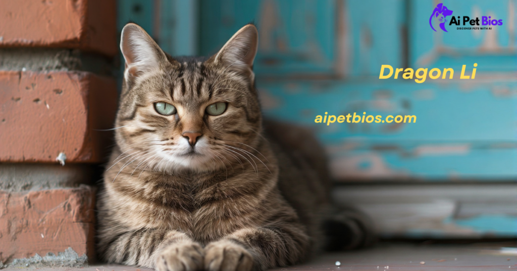 A brown tabby cat with light green eyes lying down outdoors against a weathered blue wooden door and a red brick wall.