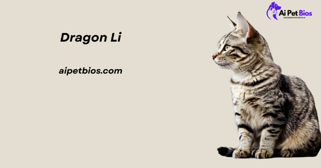 A Dragon Li cat sitting in profile against a tan background, with the text "Dragon Li", "aipetbios.com", and an "Ai Pet Bios" logo.