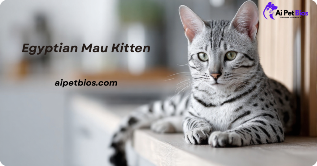 A silver-spotted Egyptian Mau kitten lying on a wooden surface. Text: "Egyptian Mau Kitten" and "aipetbios.com".