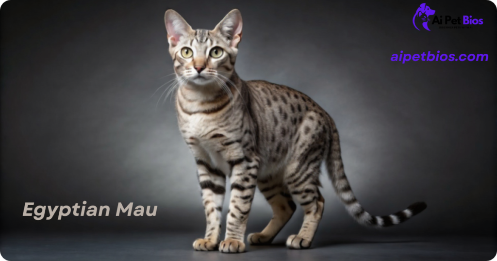 A full-body studio portrait of a silver-spotted Egyptian Mau cat standing against a dark grey gradient background. Text: "Egyptian Mau" and "aipetbios.com".
