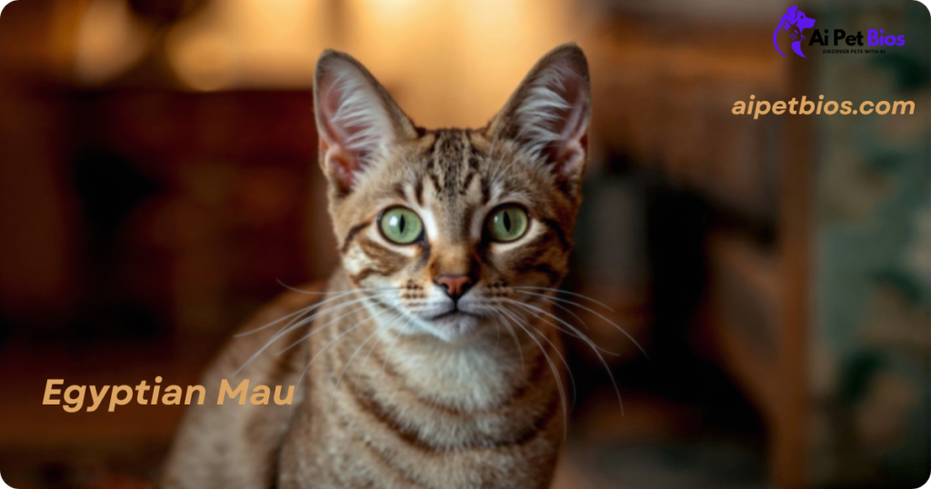 Bronze-spotted Egyptian Mau cat with green eyes. Text: "Egyptian Mau" and "aipetbios.com."