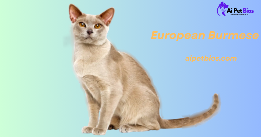 A full-body shot of a lilac European Burmese cat with amber eyes, sitting against a blue and green gradient background. Text reads "European Burmese" and "aipetbios.com."