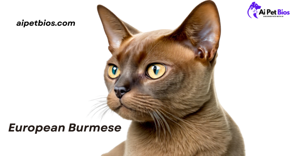 Profile view of a brown European Burmese cat with yellow eyes against a white background. Text reads "aipetbios.com" and "European Burmese".