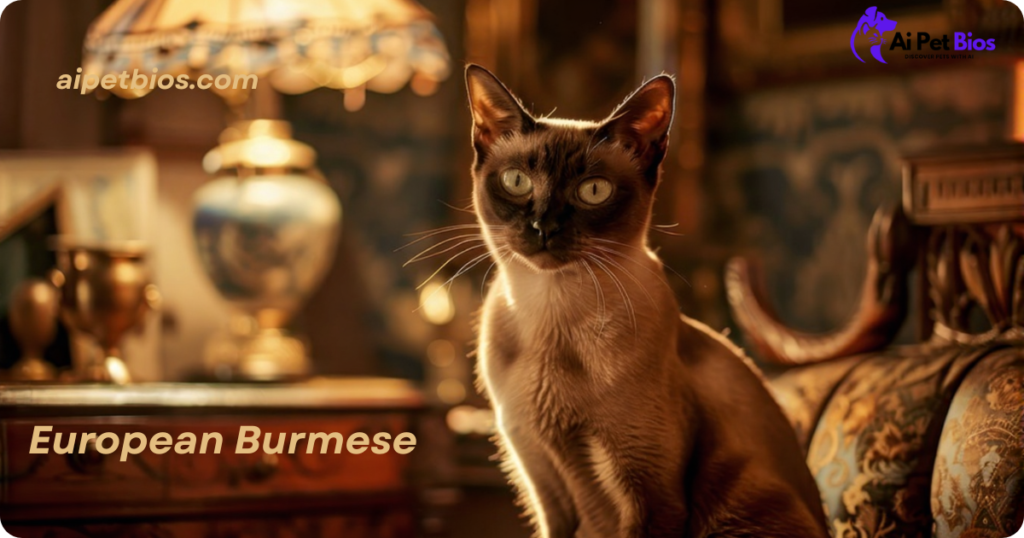 A chocolate European Burmese cat sitting gracefully in a warm, dimly lit vintage room. Text includes "aipetbios.com" and "European Burmese".