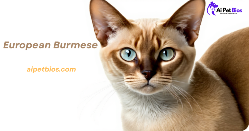 Close-up of a European Burmese cat with light blue eyes and tan fur. Text reads "European Burmese" and "aipetbios.com".