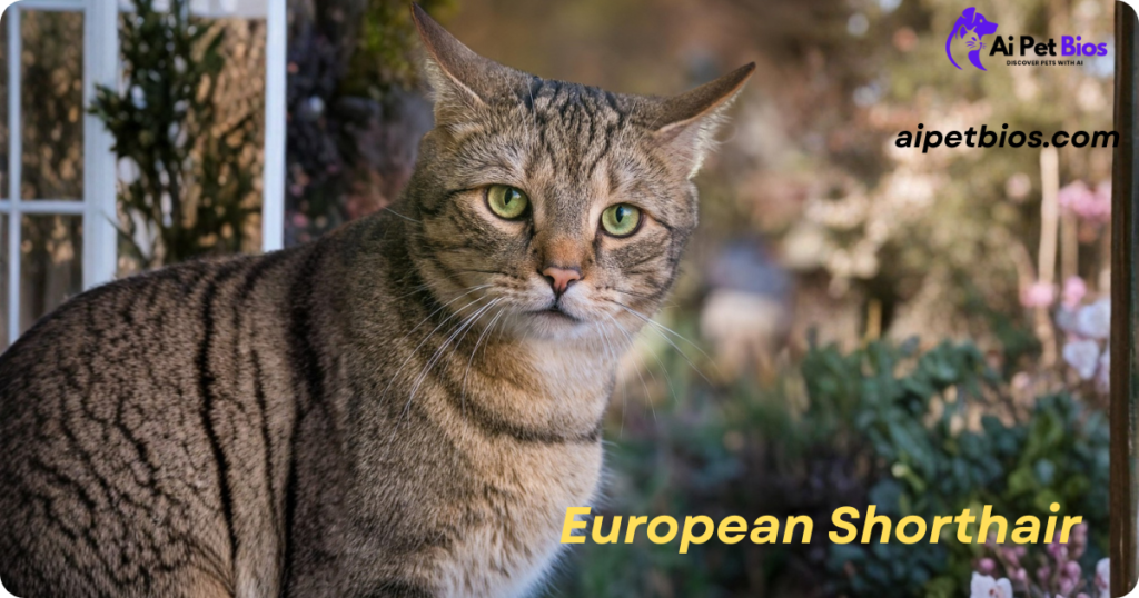 A close-up of a brown tabby European Shorthair cat outdoors with a soft-focus garden background. Text: European Shorthair, aipetbios.com.