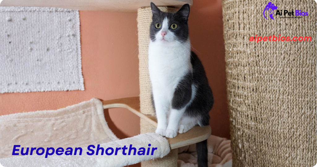 A European Shorthair cat with grey and white fur sits on a wooden cat tree. Text: European Shorthair, aipetbios.com.