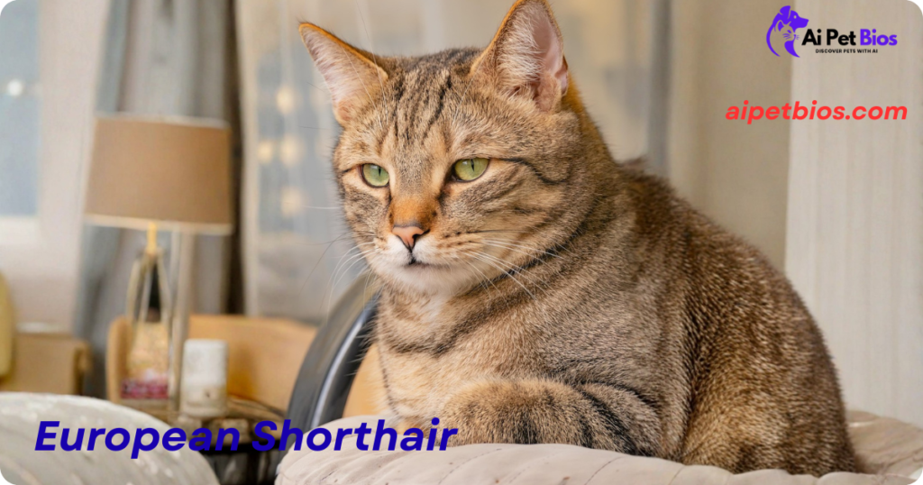 A close-up of a brown tabby European Shorthair cat resting indoors with a soft-focus living room background. Text: European Shorthair, aipetbios.com.