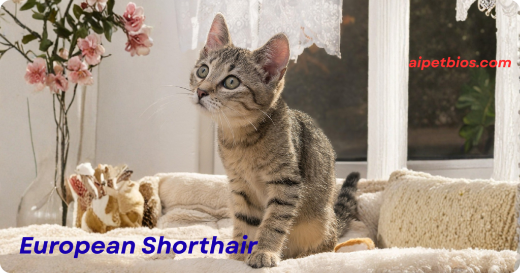 A young brown tabby European Shorthair kitten sits on a plush white bed, looking upward. Text: European Shorthair, aipetbios.com.