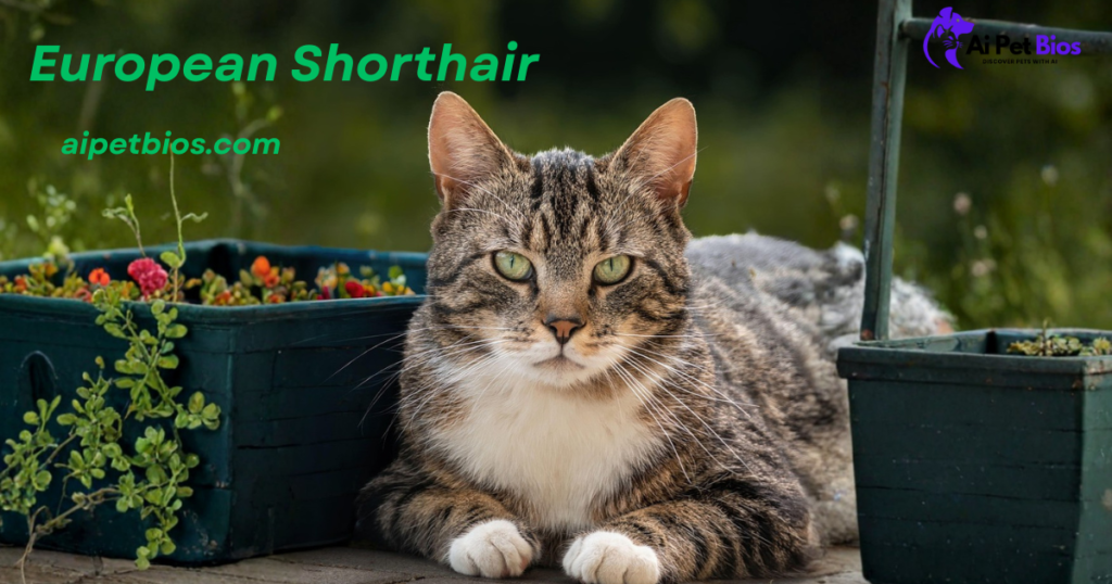 A tabby and white European Shorthair cat lies between flowerpots. Text: European Shorthair, aipetbios.com.