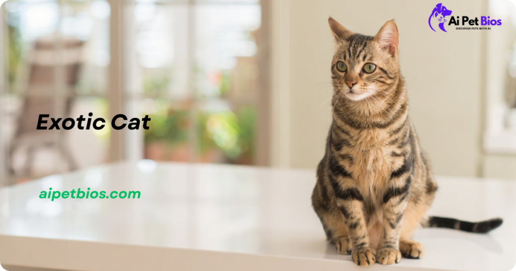 A spotted Bengal cat sits alert on a white surface in a bright, blurred indoor setting. The image features the text Exotic Cat, aipetbios.com, and the Ai Pet Bios logo in the corner.