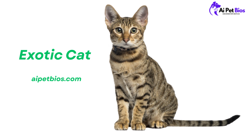 A slender Savannah cat with large ears and a spotted coat sits alert against a solid white background. The text overlays read Exotic Cat, aipetbios.com, and feature the Ai Pet Bios logo.