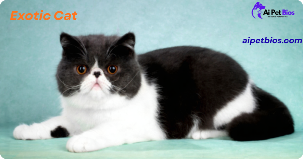 A Exotic Shorthair cat with a flat face and copper eyes lies on a light blue background. Text reads "Exotic Cat" and "aipetbios.com" with an "Ai Pet Bios" logo.