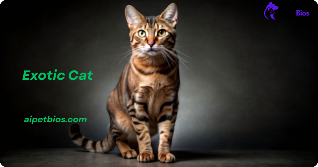 A Toyger cat with orange and black tiger-like stripes sits in a studio setting with dramatic lighting. Text overlays include "Exotic Cat" and "aipetbios.com" alongside an "Ai Pet Bios" logo.