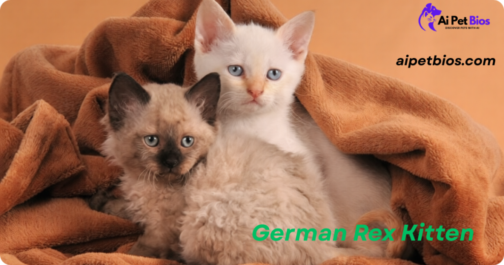 Two German Rex kittens, one seal point and one white, huddle together under a soft brown blanket. Text: German Rex Kitten aipetbios.com.