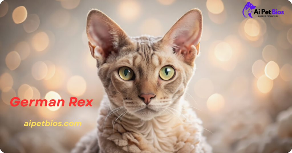 A close-up of a German Rex cat with wavy fur and large ears against a bokeh background. Text: German Rex aipetbios.com.