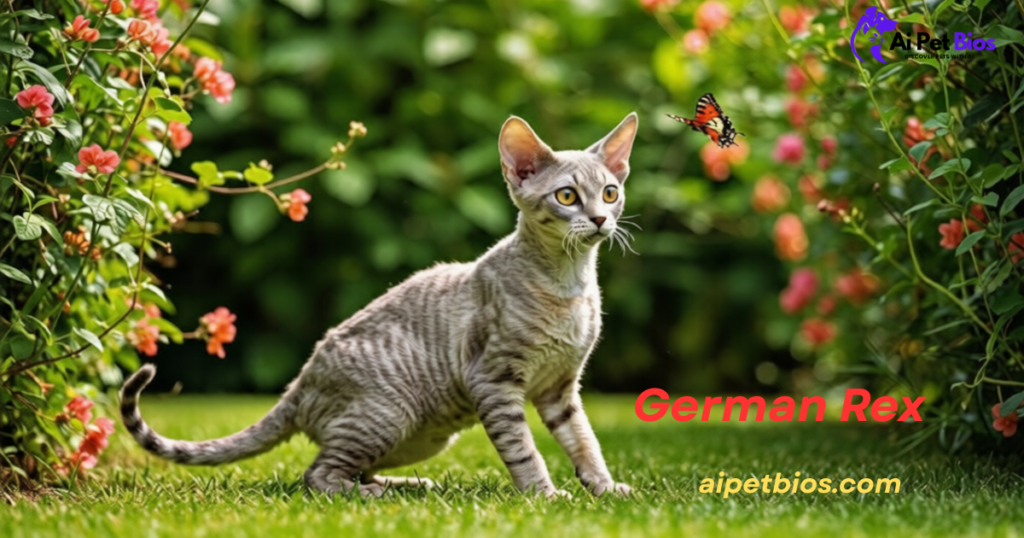 A slender, cream-colored German Rex cat with striking blue eyes and wavy fur sits against a neutral background. Text: German Rex aipetbios.com.