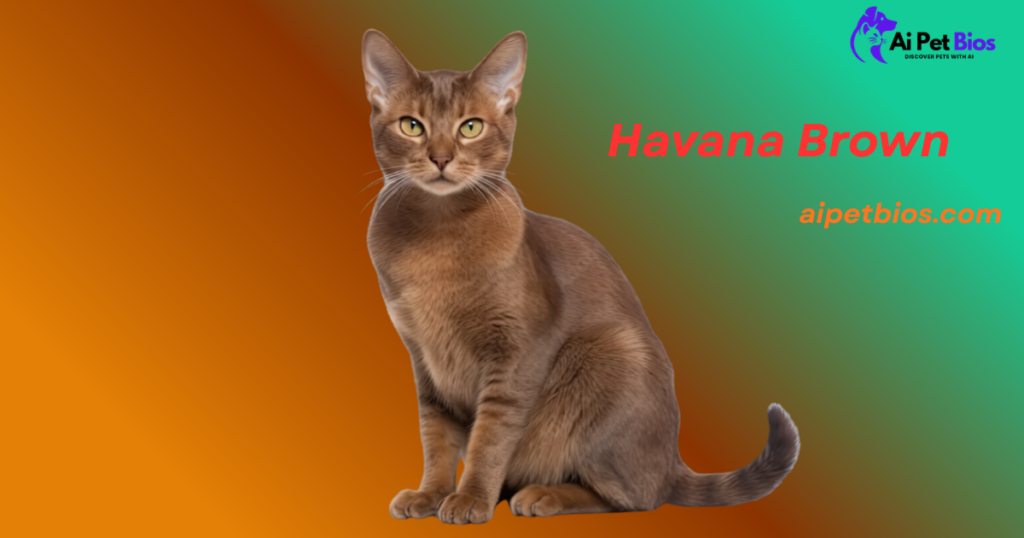 A rich, chocolate-colored Havana Brown cat with golden-amber eyes reclines on a tan cushion outdoors. The cat is bathed in warm sunlight, with lush green tropical leaves in the background. Verbatim text includes Havana Brown in red, aipetbios.com in orange, and the Ai Pet Bios logo in the top right.