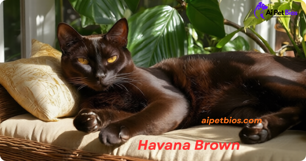 A rich, chocolate-colored Havana Brown cat with golden-amber eyes reclines on a tan cushion outdoors. The cat is bathed in warm sunlight, with lush green tropical leaves in the background. Verbatim text includes Havana Brown in red, aipetbios.com in orange, and the Ai Pet Bios logo in the top right.