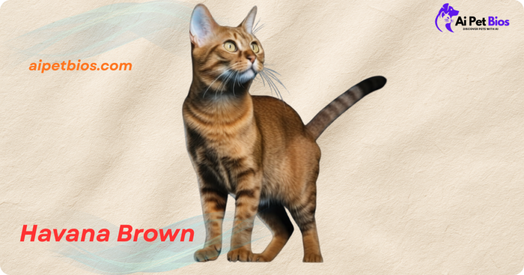 A slender Havana Brown cat with a warm, mahogany-toned tabby coat stands against a textured beige background. The cat gazes upward with large, green-gold eyes. Text overlays include 'Havana Brown' in red, 'aipetbios.com' in orange, and an 'Ai Pet Bios' logo.