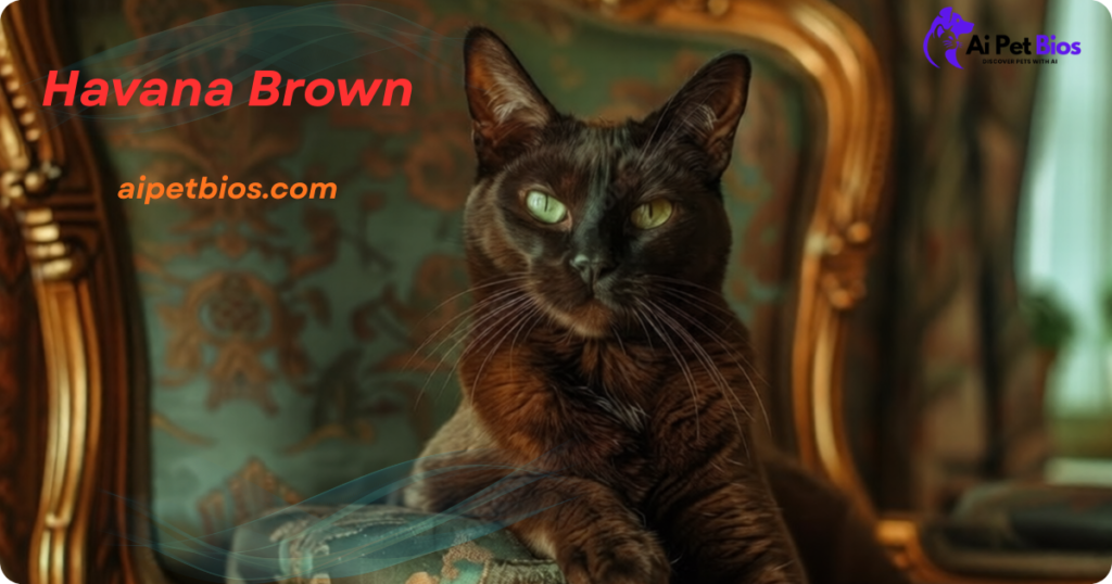 A sleek, chocolate-colored Havana Brown cat with striking green eyes sits elegantly on an ornate, vintage-style armchair with gold trim. The background features a classic floral pattern, creating a regal atmosphere. Text overlays include 'Havana Brown' in red, 'aipetbios.com' in orange, and an 'Ai Pet Bios' logo in the upper right.