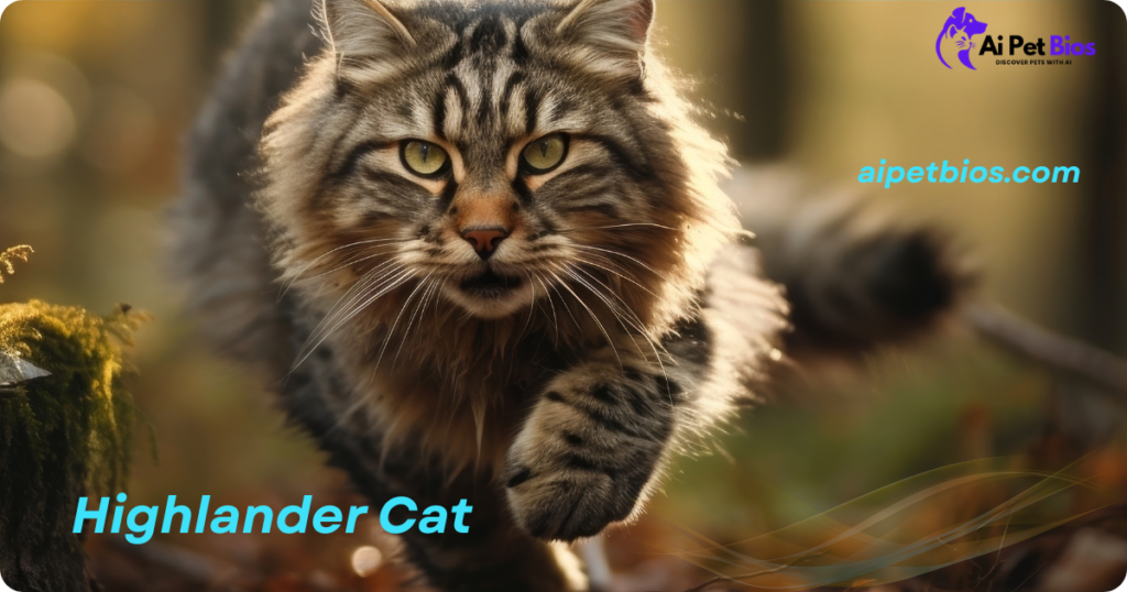 A long-haired Highlander cat captured mid-stride in a forest setting, showcasing its wild appearance and thick fur. Text includes the Ai Pet Bios logo, aipetbios.com, and Highlander Cat.