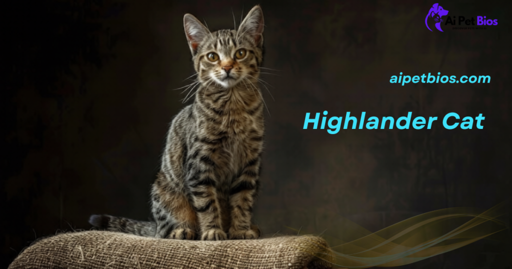 A brown tabby Highlander cat sits upright on a wooden deck surrounded by potted plants. Text: "Ai Pet Bios," "aipetbios.com," and "Highlander Cat."