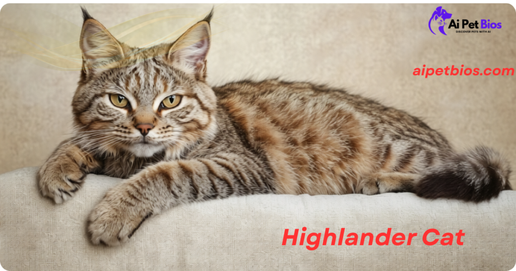 A Highlander cat with tabby markings and lynx-like ear tufts lies on a beige cushion. Text: "Ai Pet Bios," "aipetbios.com," and "Highlander Cat."