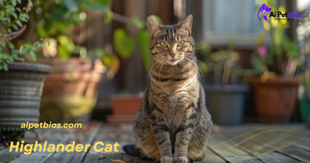 A brown tabby Highlander cat sits upright on a wooden deck surrounded by potted plants. Text: "Ai Pet Bios," "aipetbios.com," and "Highlander Cat."