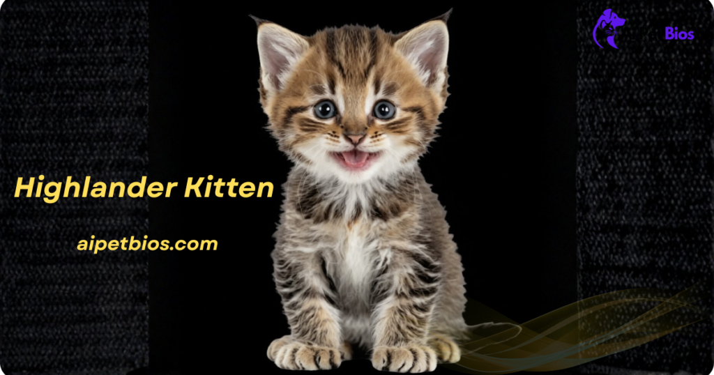 A fluffy Highlander kitten with wide eyes and a slight open-mouthed expression against a black background. Text: "Ai Pet Bios," "aipetbios.com," and "Highlander Kitten."