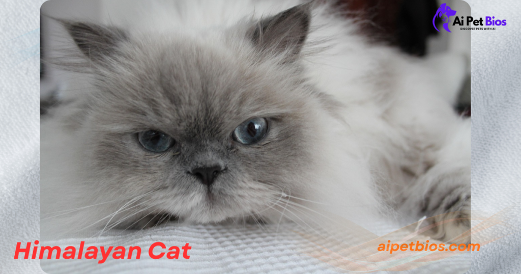 A close-up of a fluffy, blue-eyed Himalayan cat lying on a white textured surface. Text: "Himalayan Cat" and "aipetbios.com".