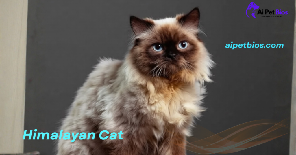 A long-haired, adult Himalayan cat with a cream-colored body and dark brown face, ears, and paws sits against a dark gray background. The image features light blue text reading "Himalayan Cat" and "aipetbios.com," with the "Ai Pet Bios" logo in the top right.