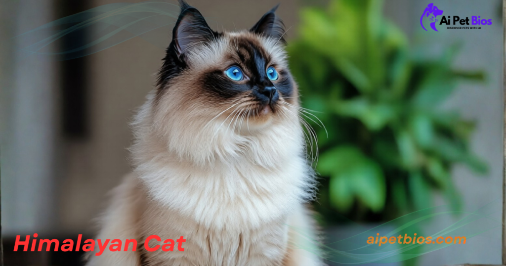 A long-haired Himalayan cat with vibrant blue eyes and dark seal-point markings on its face and ears looks upward. Overlaid text includes "Himalayan Cat" in red, "aipetbios.com" in orange, and an "Ai Pet Bios" logo.