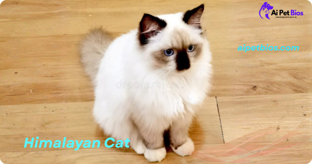 A high-angle shot of a white, fluffy Himalayan cat with dark brown ears and a dark nose sitting on a light-colored wooden floor. Light blue text at the bottom reads "Himalayan Cat" and "aipetbios.com," and the "Ai Pet Bios" logo is visible in the top right.