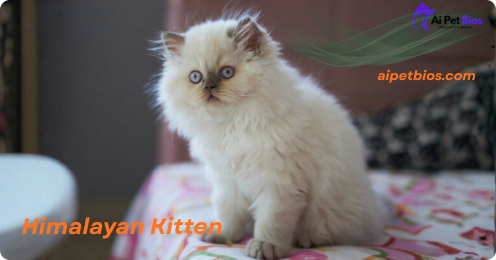 A fluffy white Himalayan kitten with light blue eyes and faint grey markings on its face and ears sits on a floral patterned surface. Orange text reads "Himalayan Kitten" and "aipetbios.com," with an "Ai Pet Bios" logo.